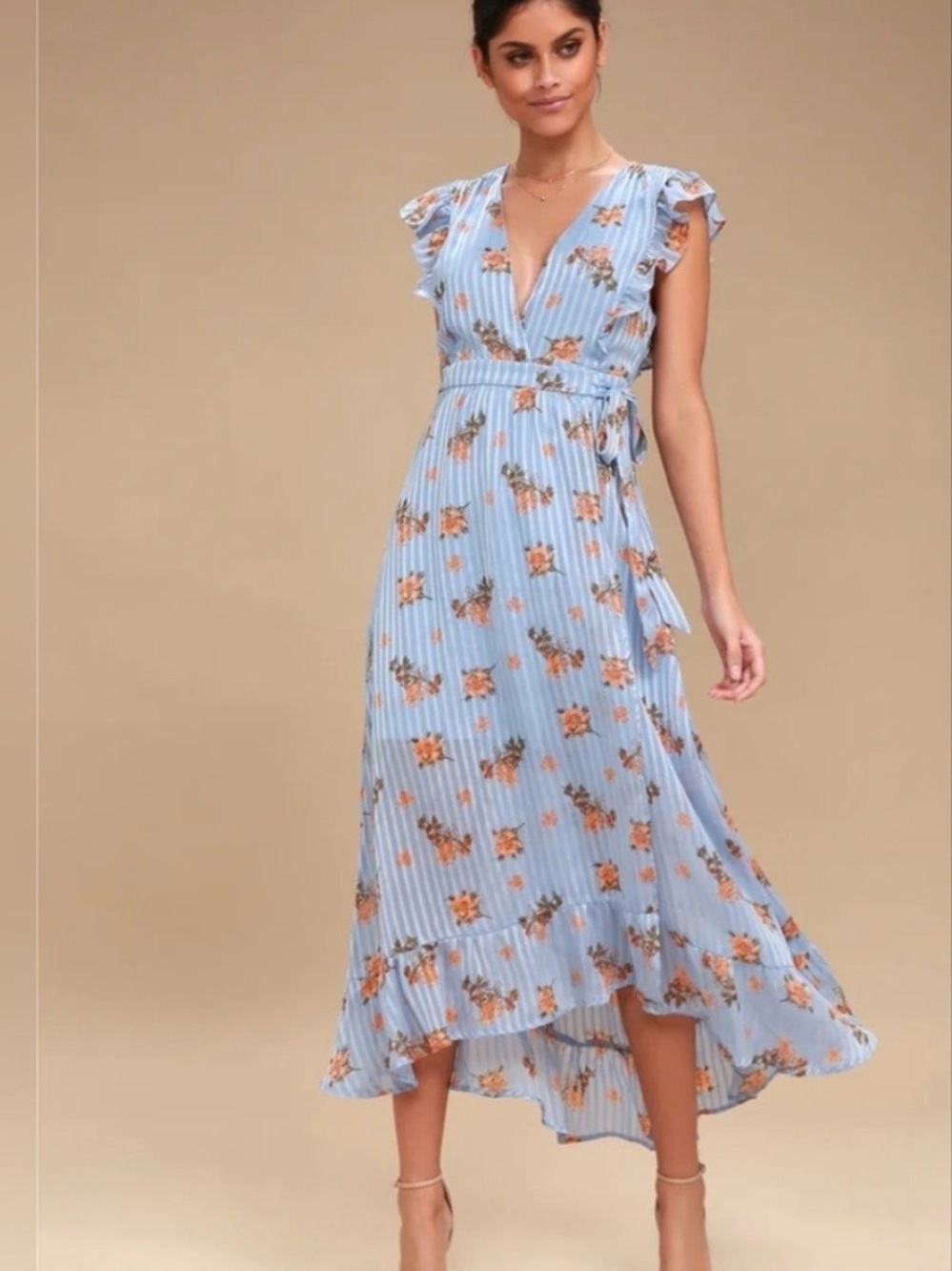 Astr Light Blue Floral Wrap Maxi Dress with Peach Roses